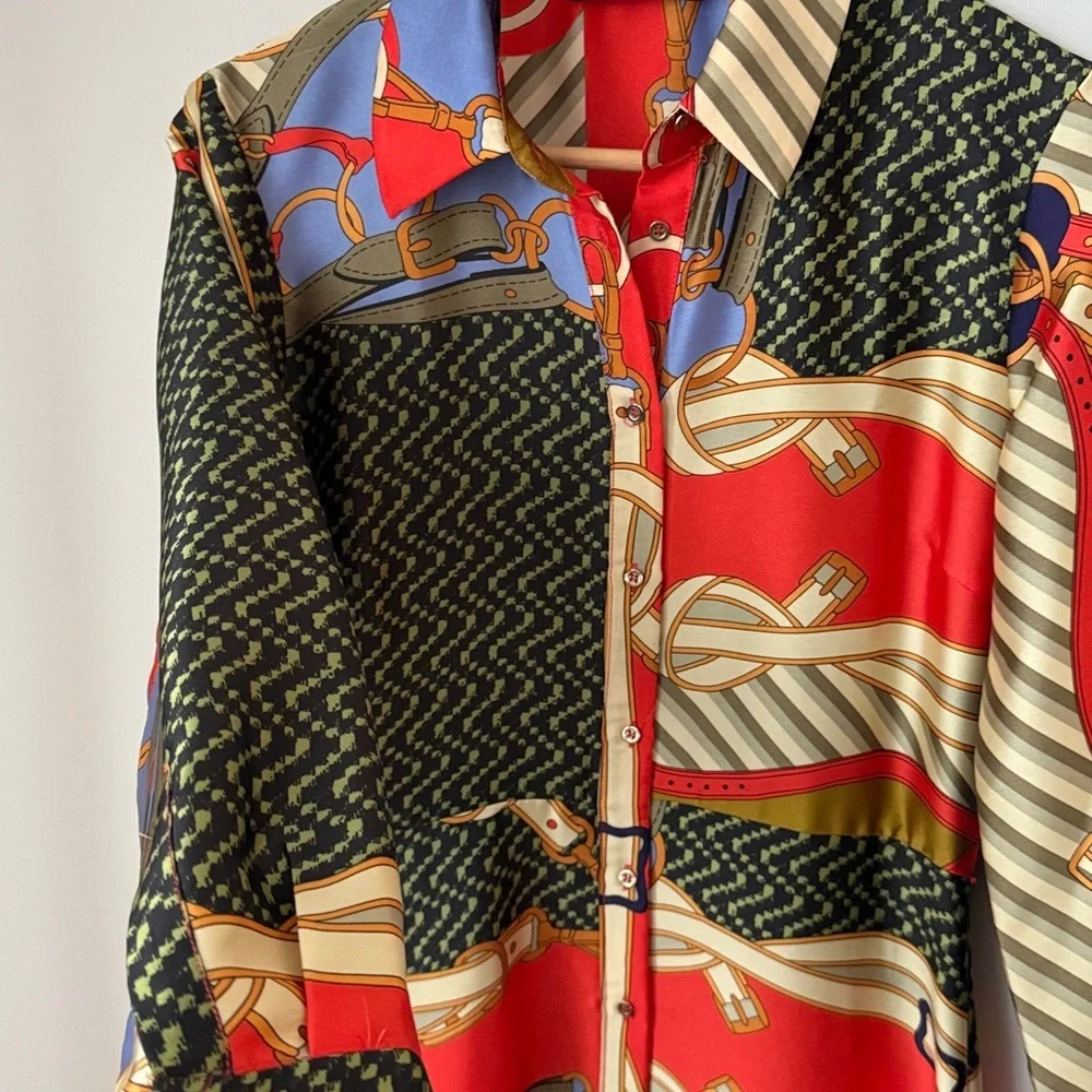 Zara Multicolor Button-Front Maxi Dress - Red, Olive & Blue